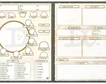 May include: A printable character sheet for a role-playing game. The sheet is divided into sections for character information, abilities, skills, weapons, and spells. The sheet is designed to be filled out by hand.