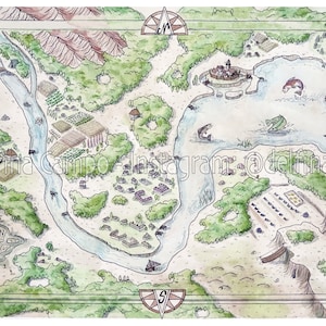 May include: A hand-drawn watercolor map of a fictional land with a river, a lake, a castle, and several small villages. The map is drawn in a whimsical style with a compass rose and a handwritten signature.