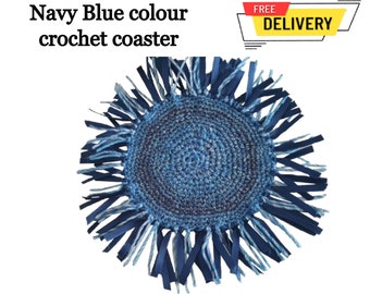 Navy Blue colour crochet coaster, crochet coaster, handmade, acrylic and ribbon, round coaster, home decor, yarn coaster, ribbon coaster