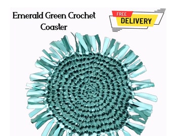 Emerald Green Colour Crochet Coaster, Crochet coaster, round, green, crochet, ribbon, home decor table coasters home supplies yarns knitting