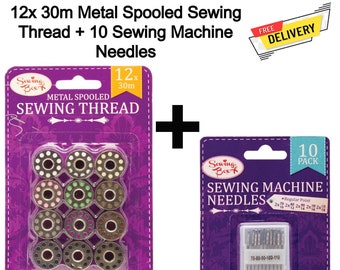 12x 30m Metal Spooled Sewing Thread + 10 Sewing Machine Needles, Sewing Machine Set