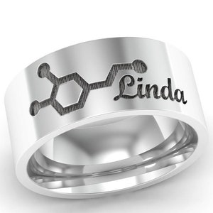 Personalized Dopamine Molecule Band Ring, Sterling Silver Dopamine Ring, Name Band Ring, Dopamine Jewelry, Molecule Jewelry, Science Ring