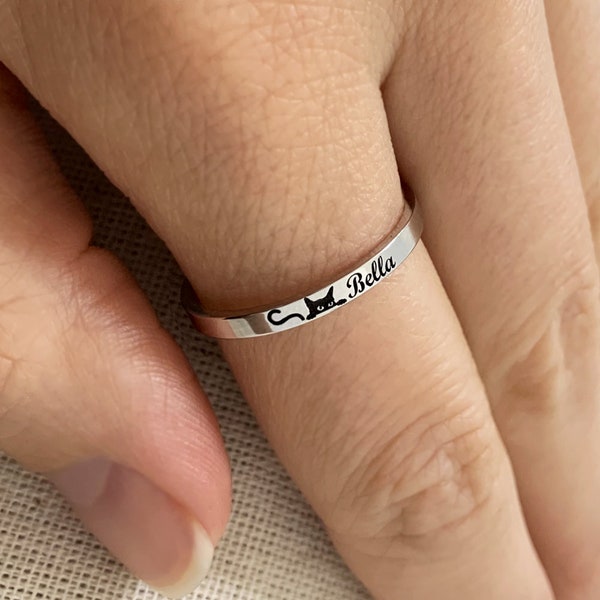 Personalized Cat Ring with Name, Tiny Silver Name Ring, Dainty Cat Ring, Delicate Name Ring, Cat Memorial Ring, Cat Jewelry, Cat Gift