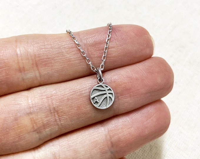 Tiny Basketball Necklace with Initial, Personalized Silver Basketball Necklace, Basketball Pendant, Basketball Team Jewelry, Basketball Gift