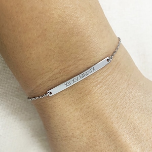 Roman Numeral Date Bracelet, Custom Date Bracelet, Silver Bracelet, Bar Bracelet, Delicate Bracelet, Birthday Gift, Date Jewelry