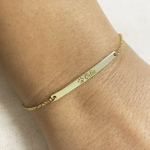 Custom Paw Bracelet, Pet Name Bracelet, Tiny Bar Bracelet, Silver Bracelet, Dog Name Bracelet, Cat Name Bracelet, Dog Mom Gift, Cat Mom Gift