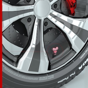 May include: Set of five heart-shaped tire valve stem caps in silver, gold, pink, red, and black.