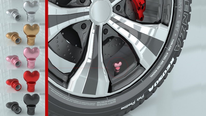 May include: Set of five heart-shaped tire valve stem caps in silver, gold, pink, red, and black.