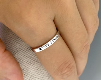 Custom Engraved Medical Alert Ring, 925 Silver Jewelry