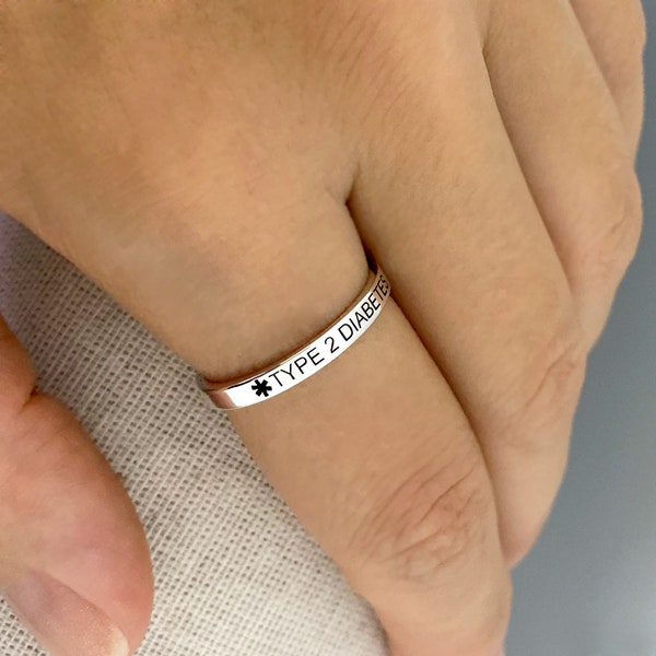 Custom Medical Alert Ring, Silver Medical Alert Ring, Type 2 Diabetes Ring, Type 1 Diabetes Ring, Tiny Silver Ring, Medical Alert Jewelry