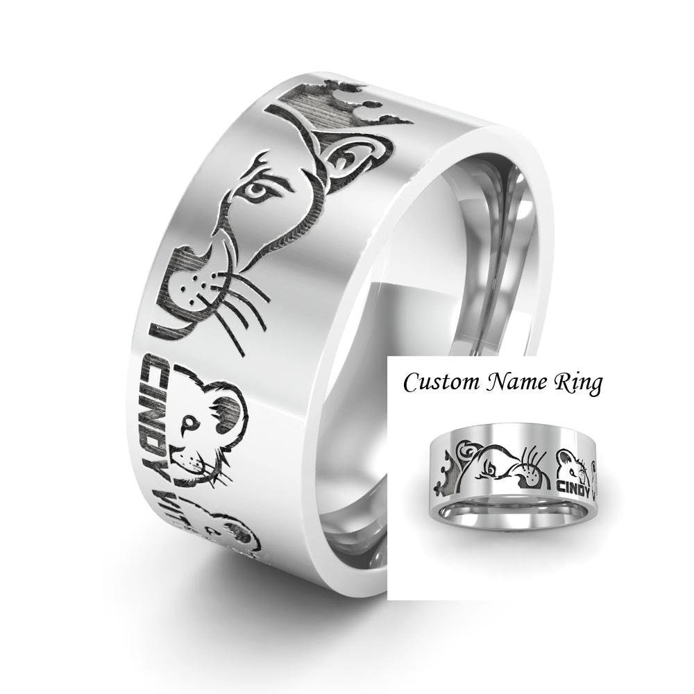 Mama Lioness and Cubs Band Ring with Names, Custom Lion Ring, Baby Lion Ring, Queen Mama Ring, Gift for Mom, Lioness Jewelry