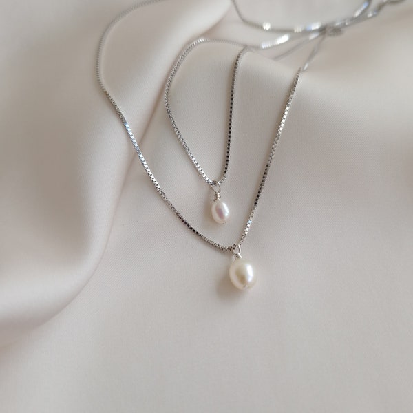Silberne Perlenkette Minimale Hochzeitshalskette mit Süßwasserperle 925 Sterling Silber Perlenkette zierliche Silberkette