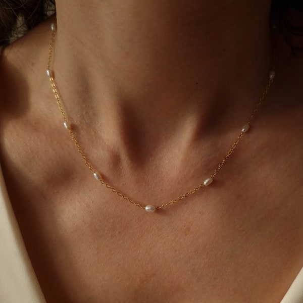 Goldperlenkette 14k Gold gefüllt Süßwasserperlen Brautkette Perlenkette Halsband Zierliche Perlenkette Hochzeitshalskette