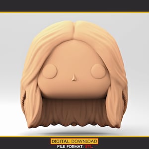 3D プリント用の POP スタイルの女性頭部 3D モデル。ウェーブのかかった長い髪。STL ファイル。WH_3-2