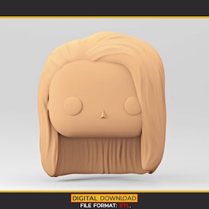 3D プリント用の POP スタイルの女性頭部 3D モデル。長くまっすぐな分け目の髪。STL ファイル。WH_1-5