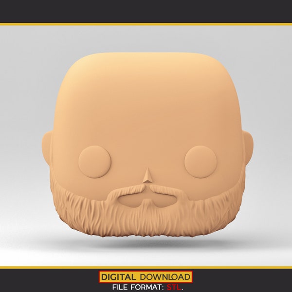 A male head 3D model in the POP style for 3D Printing. Bald and a big beard. STL file. MH_1-2