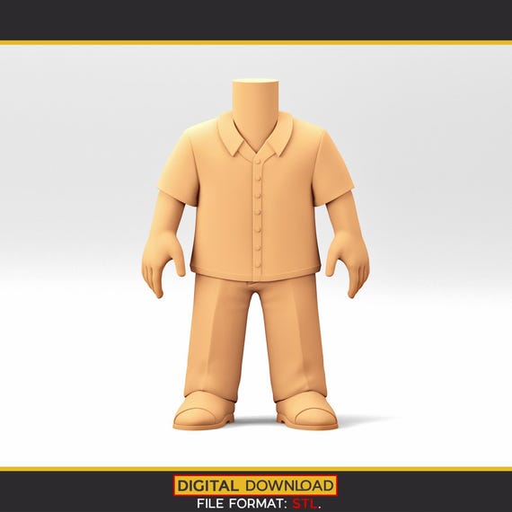 Chibi Male Body 3D Model: Short Sleeve Shirt, Trousers (STL Digital File)