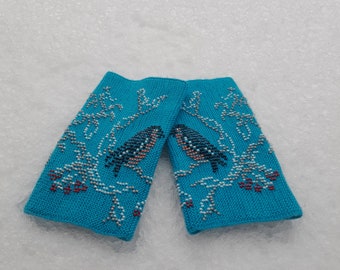 Hand knitted Wrist Warmers / Hand Warmers / Fingerless Gloves / Riešinės / Christmas gift/ Light blue with a bird on a branch in winter