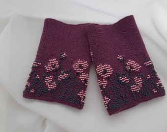 Hand knitted Wrist Warmers / Arm Warmers / Hand Warmers / Fingerless Gloves / Riešinės / Purple plum color with pink flowers