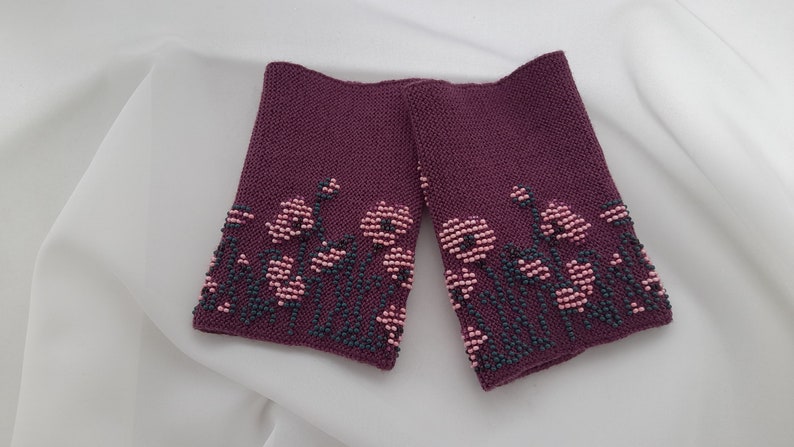Hand knitted Wrist Warmers / Arm Warmers / Hand Warmers / Fingerless Gloves / Riešinės / Purple plum color with pink flowers image 1