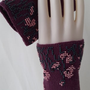 Hand knitted Wrist Warmers / Arm Warmers / Hand Warmers / Fingerless Gloves / Riešinės / Purple plum color with pink flowers image 3