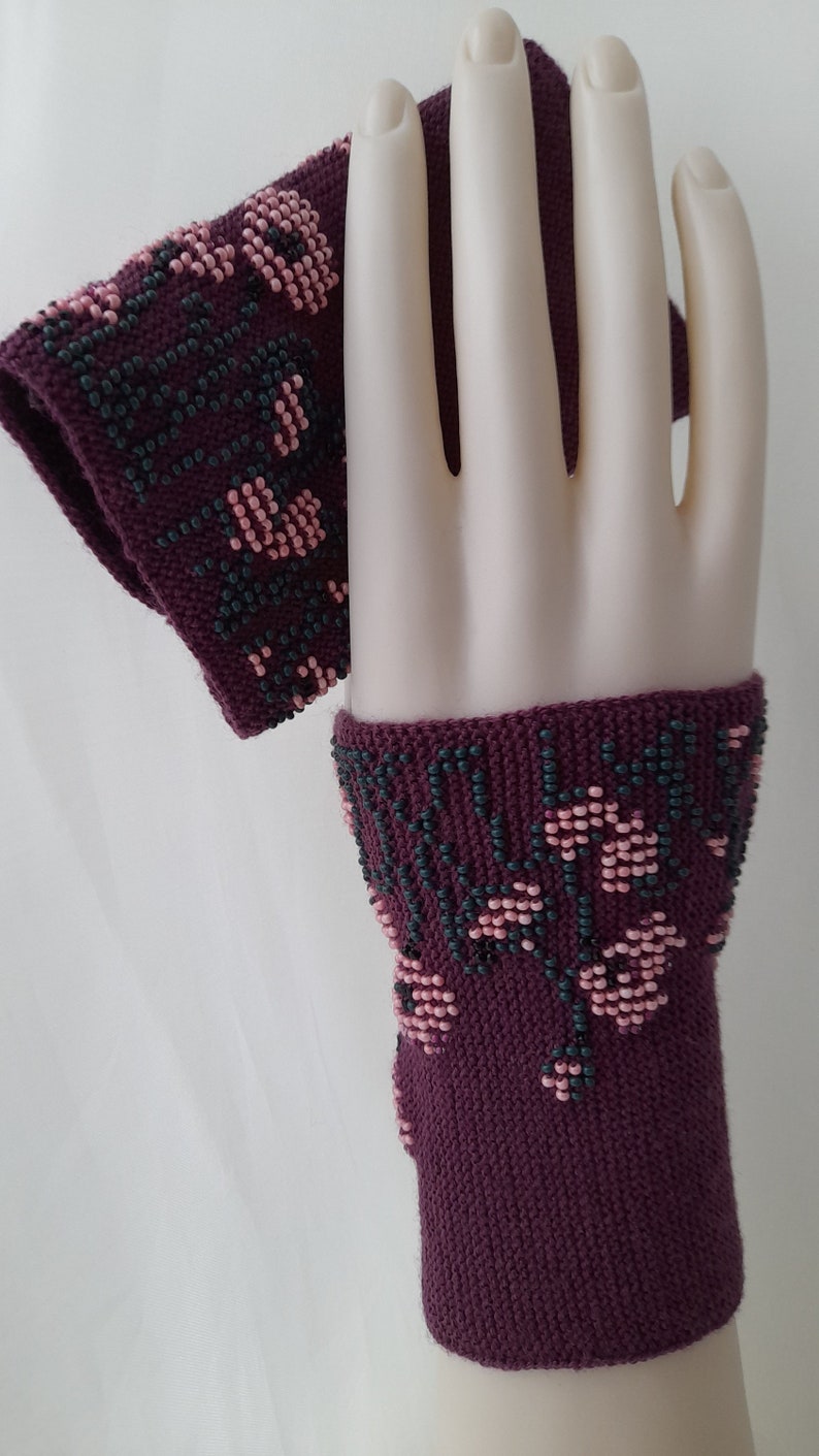 Hand knitted Wrist Warmers / Arm Warmers / Hand Warmers / Fingerless Gloves / Riešinės / Purple plum color with pink flowers image 3