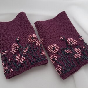 Hand knitted Wrist Warmers / Arm Warmers / Hand Warmers / Fingerless Gloves / Riešinės / Purple plum color with pink flowers image 5