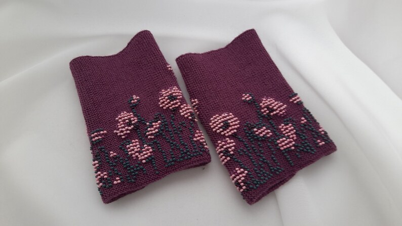 Hand knitted Wrist Warmers / Arm Warmers / Hand Warmers / Fingerless Gloves / Riešinės / Purple plum color with pink flowers image 5