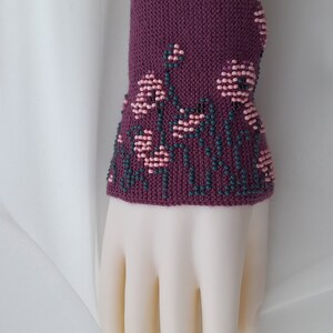 Hand knitted Wrist Warmers / Arm Warmers / Hand Warmers / Fingerless Gloves / Riešinės / Purple plum color with pink flowers image 8