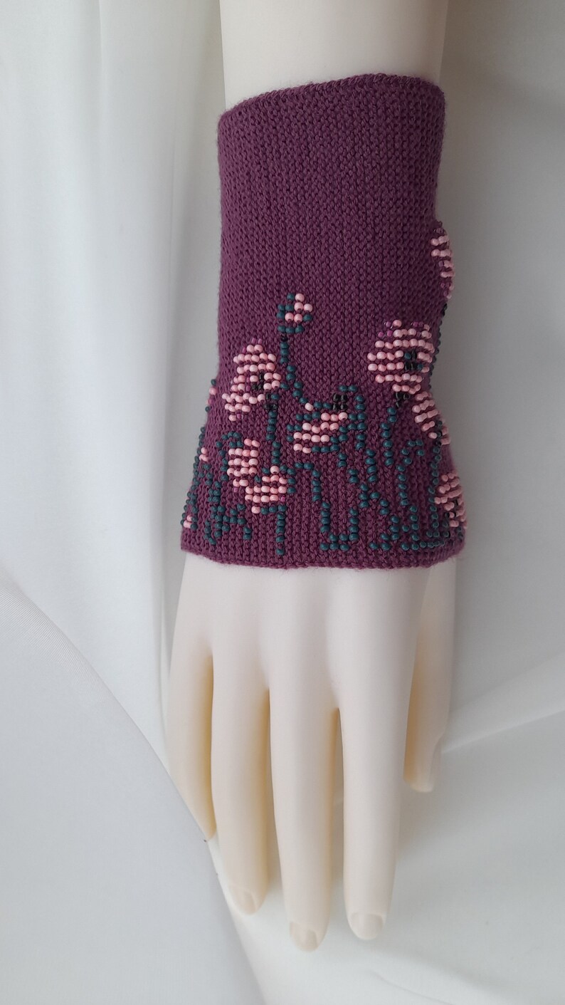 Hand knitted Wrist Warmers / Arm Warmers / Hand Warmers / Fingerless Gloves / Riešinės / Purple plum color with pink flowers image 8