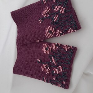 Hand knitted Wrist Warmers / Arm Warmers / Hand Warmers / Fingerless Gloves / Riešinės / Purple plum color with pink flowers image 10