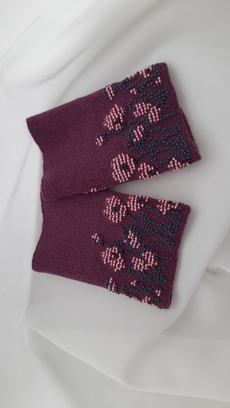 Hand knitted Wrist Warmers / Arm Warmers / Hand Warmers / Fingerless Gloves / Riešinės / Purple plum color with pink flowers image 10