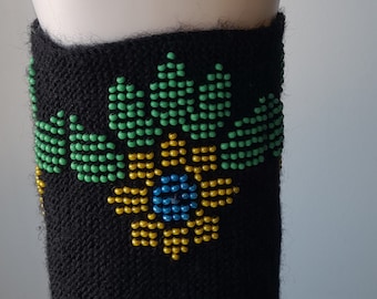 Hand knitted Wrist Warmers / Arm Warmers / Hand Warmers / Fingerless Gloves / Riešinės / Black wool blue and yellow sunflower pattern