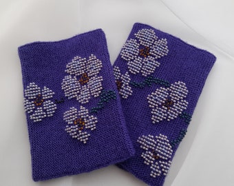 Hand knitted Wrist Warmers / Arm Warmers / Hand Warmers / Fingerless Gloves / Riešinės / Purple merino wool, white, amber,light blue beads