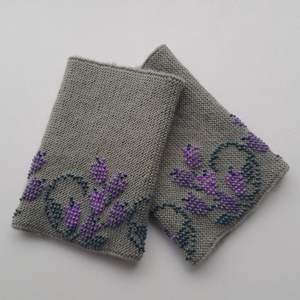 Hand knitted Wrist Warmers / Hand Warmers / Fingerless Gloves / Riešinės/Cashmere, merino wool, sage color, floral pattern