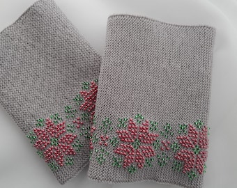 Hand knitted Wrist Warmers / Arm Warmers / Hand Warmers / Fingerless Gloves / Riešinės / gray wristbands with pink and shiny green beads