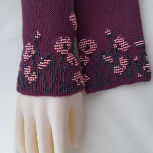 Hand knitted Wrist Warmers / Arm Warmers / Hand Warmers / Fingerless Gloves / Riešinės / Purple plum color with pink flowers image 6