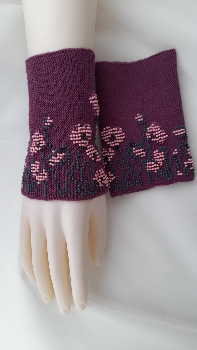 Hand knitted Wrist Warmers / Arm Warmers / Hand Warmers / Fingerless Gloves / Riešinės / Purple plum color with pink flowers image 6