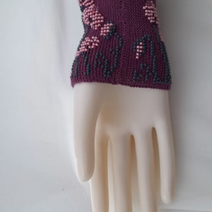 Hand knitted Wrist Warmers / Arm Warmers / Hand Warmers / Fingerless Gloves / Riešinės / Purple plum color with pink flowers image 9