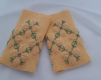 Hand knitted Wrist Warmers / Arm Warmers / Hand Warmers / Fingerless Gloves / Riešinės / Light yellow with floral motifs