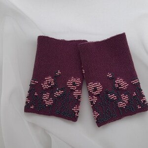 Hand knitted Wrist Warmers / Arm Warmers / Hand Warmers / Fingerless Gloves / Riešinės / Purple plum color with pink flowers image 2