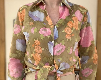 Vintage jaren 1970 bloemenblouse puntkraag retro boho chic vrouwelijk gemonteerd Made in France Maat 36/38 Fr