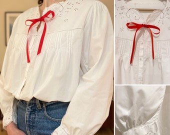 Blouse antique francaise dentelle noeud plis religieux coton blanc victorienne cottagecore boheme prairie fait main Taille 40 Fr