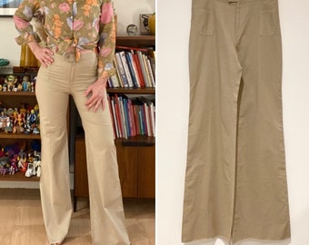Pantaloni a zampa d'elefante Vintage 1970 nuovo deadstock cotone beige retrò chic vita alta gambe larghe Taglia 36 Fr
