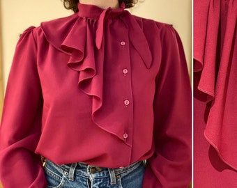 Vintage asymmetrische gegolfde strikknoop retro chique dame burgerlijke frambozen mousseline shirt maat 36 Fr