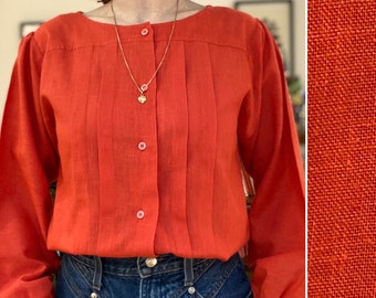 Vintage orange blouse round neck pleated puff sleeves casual chic Made in France Size 34/36 Fr