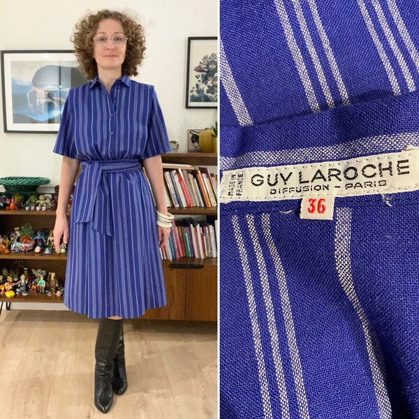 Guy Laroche robe chemise vintage rayée pure laine Made in France retro chic bcbg Taille 36 FR