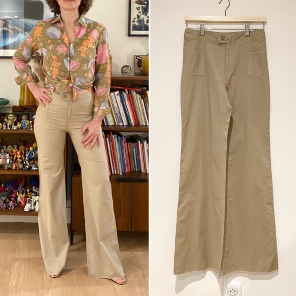 Pantalon flare Vintage 1970 neuf deadstock coton beige retro chic taille haute jambes larges Taille 36 Fr