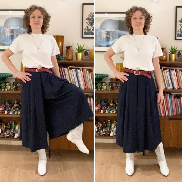 Vintage 80s dividedskirt navy blue high waisted loose casual chic Size 36 FR