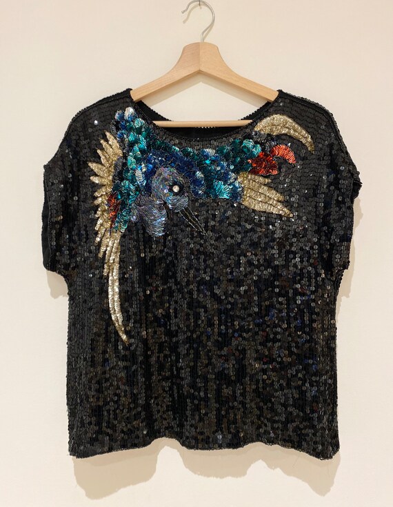 Vintage top embroidered sequins rare bird chic bl… - image 4